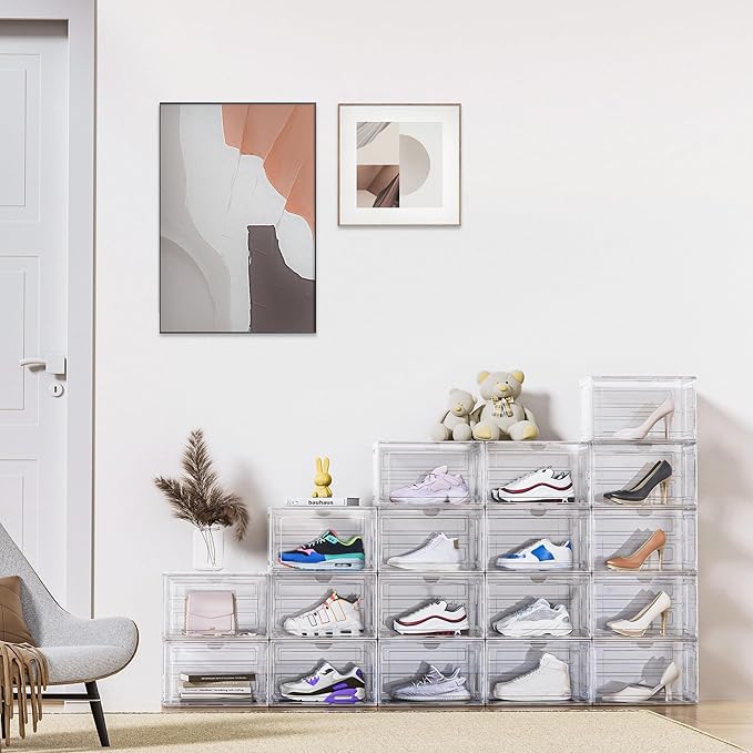 OMOPIN 8 Pack XL Shoe Storage Box Organizer,Drop Side Large Shoe Boxes Clear Plastic Stackable Container,Magnetic Sneaker Display Case, Fit up to US 13（13.4”x 10.6”x 8.3”(8 Pack Black)