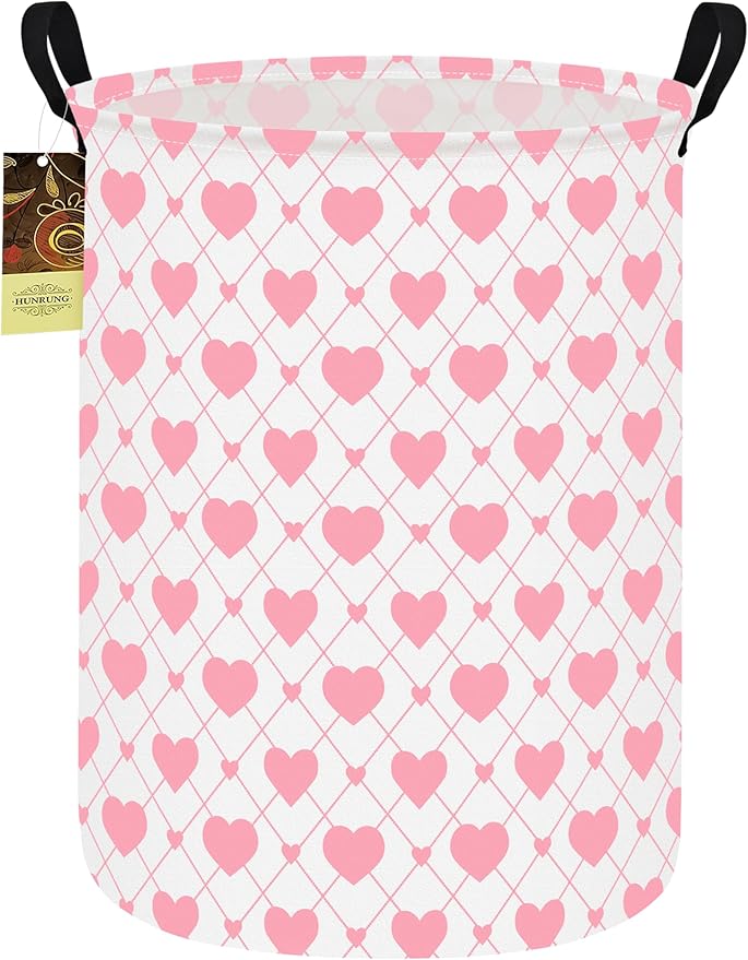 HUNRUNG Laundry Hamper,Large Canvas Fabric Lightweight Storage Basket Toy Organizer Dirty Clothes Collapsible Waterproof for College Dorms（Round-Heart）