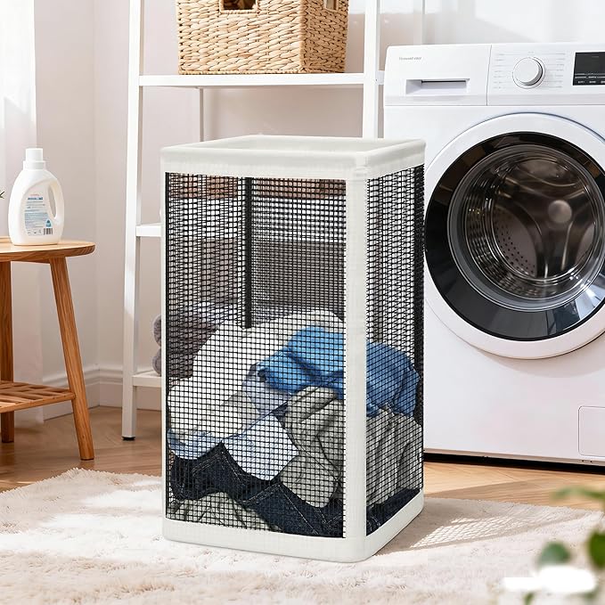 STORAGE MANIAC Mesh Laundry Hamper, 23.7 Gal. Tall Laundry Basket for Airflow, Strong Metal Dirty Clothes Hamper for College Dorm, Bedroom, Bathroom, Clothes Bin, White & Black