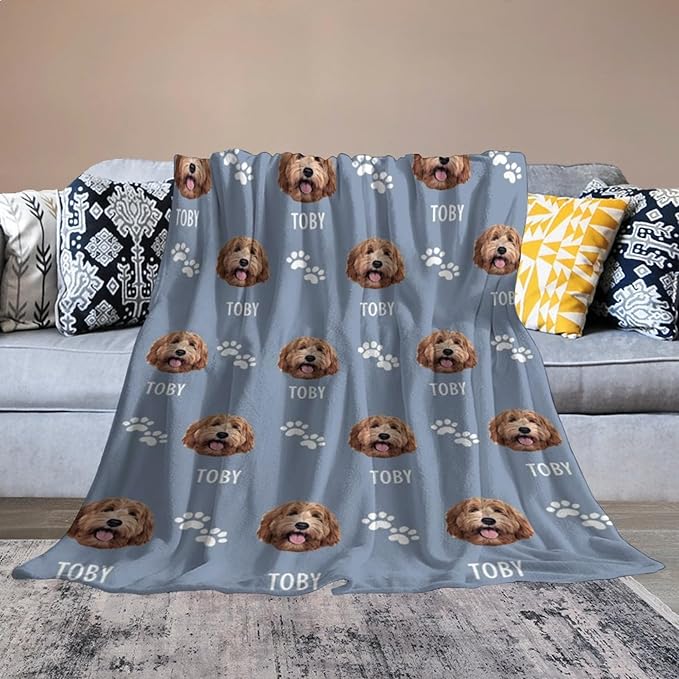 Custom Blanket with Dogs Pictures & Name Personalized Funny Dog Face Throw Blankets Soft Warm Plush Fleece Customized Blanket for Couch Bed Sofa Gifts for Dog Dad Mom Birthday Christmas