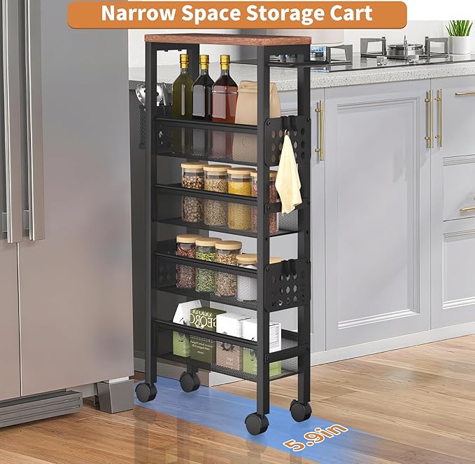 TORIBIO Slim Storage Cart, 5 Tier Narrow Kitchen Rolling Cart with Wheels for Small Space,Mobile Utility Cart Shelving Unit with Metal Frame and Wooden Top for Kitchen, Bathroom, Laundry Room