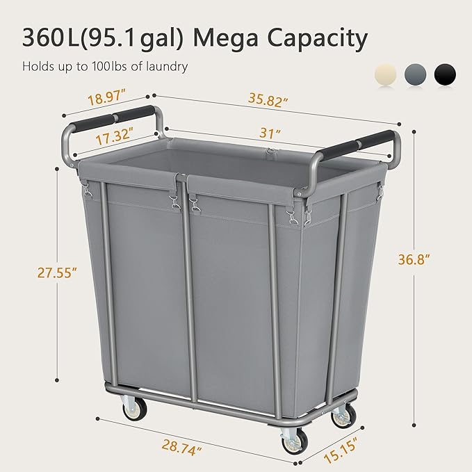 Large Laundry Hamper with Wheels, 360L Rolling Big Laundry Basket for Clothes Storage, Heavy Duty Extra Large Rolling Laundry Cart with Handle, Steel Frame, Waterproof Liner,95.1 Gallons,Grey