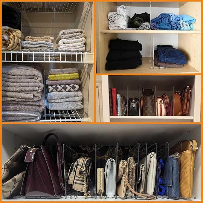 Yieach Clear Acrylic Shelf Dividers for Closet Organization,4 Pack Adjustable Bags,Clutch,Purse Organizer and Storage,Handbag Organizer for Closets,Purse Divider,8.8″ Tall Sweater,Tshirt,Towel Divider