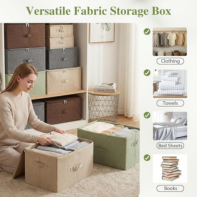 ANMINY Storage Bins with Zipper Lids 13 Qt Lidded Fabric Storage Boxes Baskets Cubes with Handles Collapsible Washable Cotton Linen Closet Shelf Clothes Organizer Containers - Green, Small