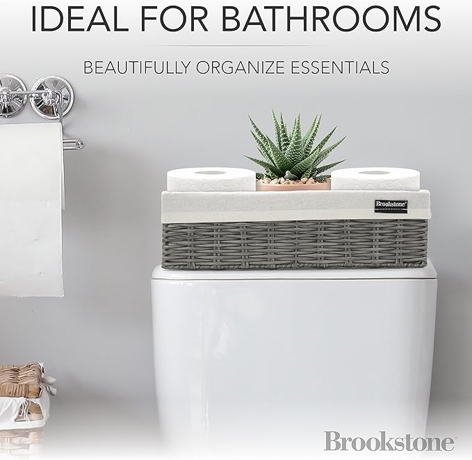 Brookstone Wicker Storage Basket Two Pack Set, Bathroom and Closet Organizers and Storage Bins with Fabric Liner, Grey