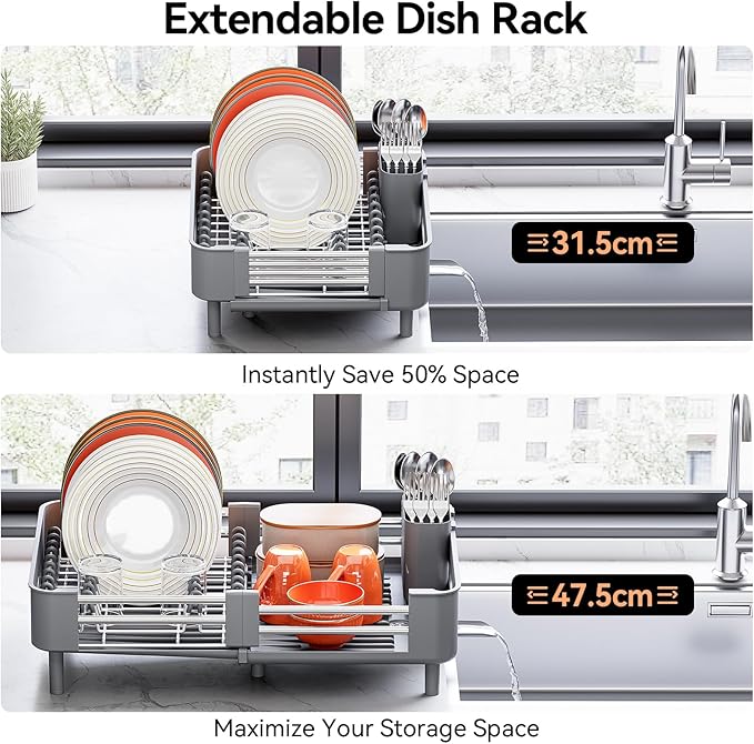 Stainless Steel Dish Drying Rack - Dish Drainer for Kitchen Counter, Extendable Drainboard with Foldable, Space-Saving Cup & Bowl Organizer, Includes Knife and Utensil Holder, Gray