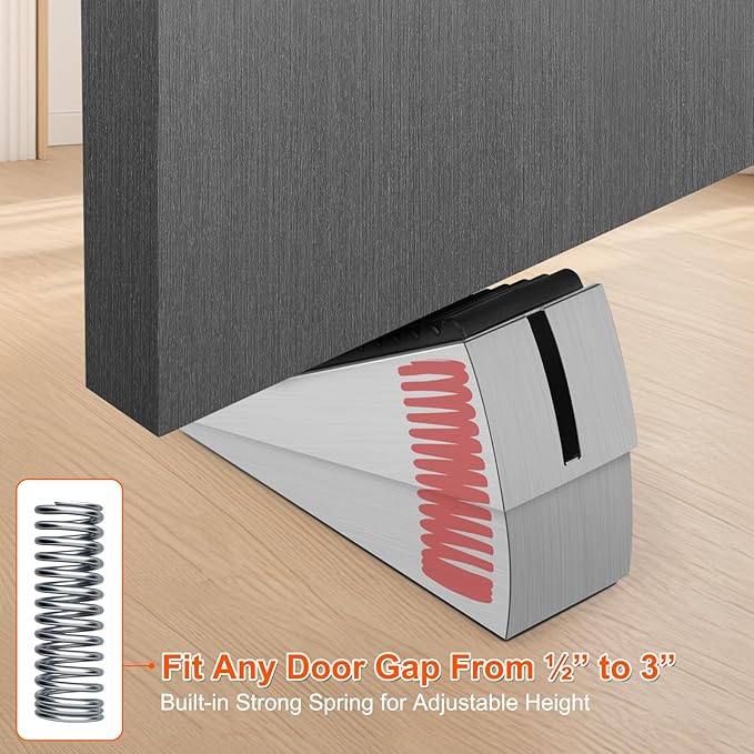 Adjustable Large Door Stoppers, Heavy Duty Door Stoppers for Bottom of Door, Door Stop with Strong Grip Stainless Steels for Heavy Duty and Usual Doors, Silver