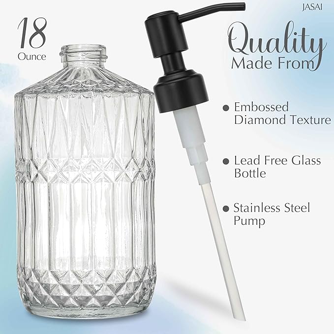 JASAI 18Oz Glass Soap Dispenser with Black Rust Proof Pump, Refillable Kitchen soap Dispenser Thick Glass, Soap Dispenser Bathroom for Hand soap, Dish Soap, Lotion, Body Wash.（Black）