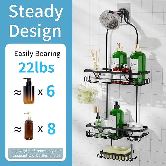 Shower Caddy Hanging, Anti-Swing Over Head Shower Caddy, Rustproof Bathroom Organizer with Soap Holder & Hooks
