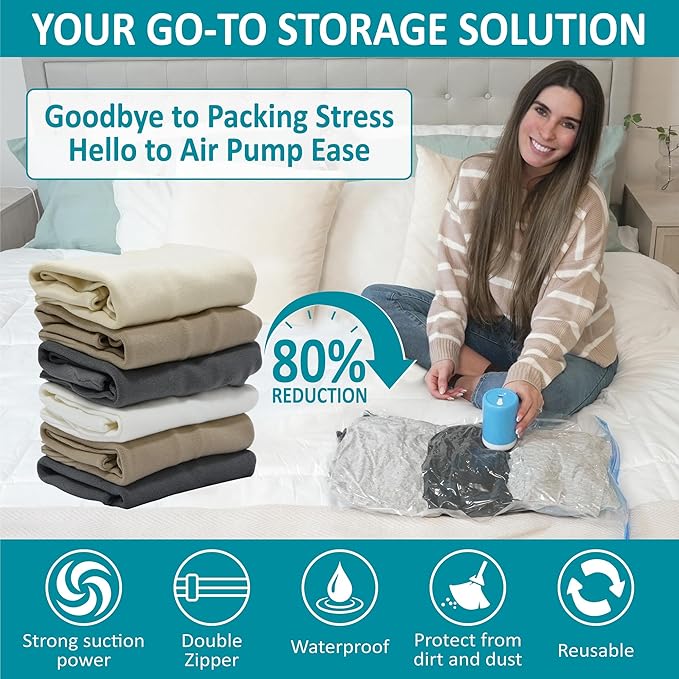 Cozy Essential 26 Pack Vacuum Storage Bags with Portable Rechargeable Wireless Electric Pump, Vacuum Seal Space Saver Bags for Clothing, Pillows, Blanket, Bedding, Comforters