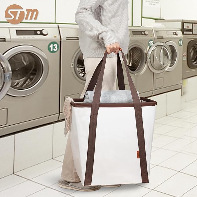 STORAGE MANIAC Collapsible Laundry Caddy, 64L (17 Gal) Large Collapsible Laundry Basket with Sturdy Metal Wire Frame, Long Carry Handles - Space-Saving, Foldable Laundry hamper, 1 Pack Beige
