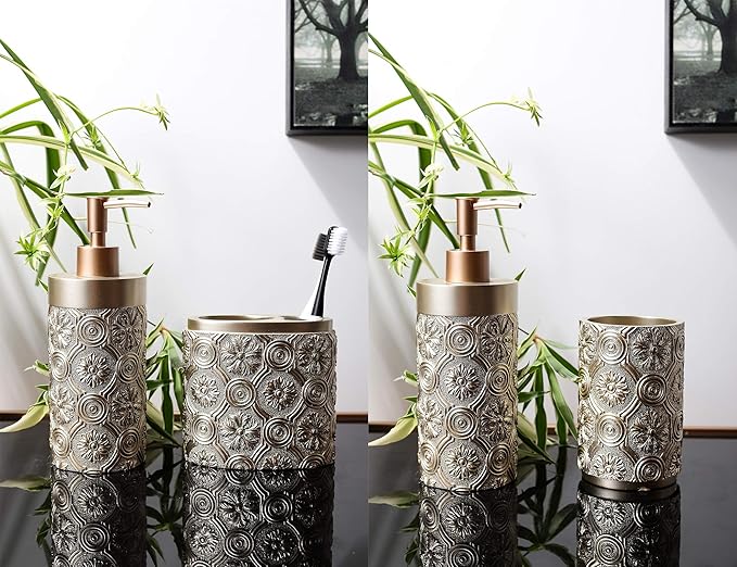 Hymmah Bathroom Accessories Set,Golden Design Toothbrush Holder,Farmhouse Bathroom Decor,4 Pcs Resin Gift Set Apartment Necessities, Contain Toothbrush Cup,Soap Dispenser,Soap Dish,Tumbler