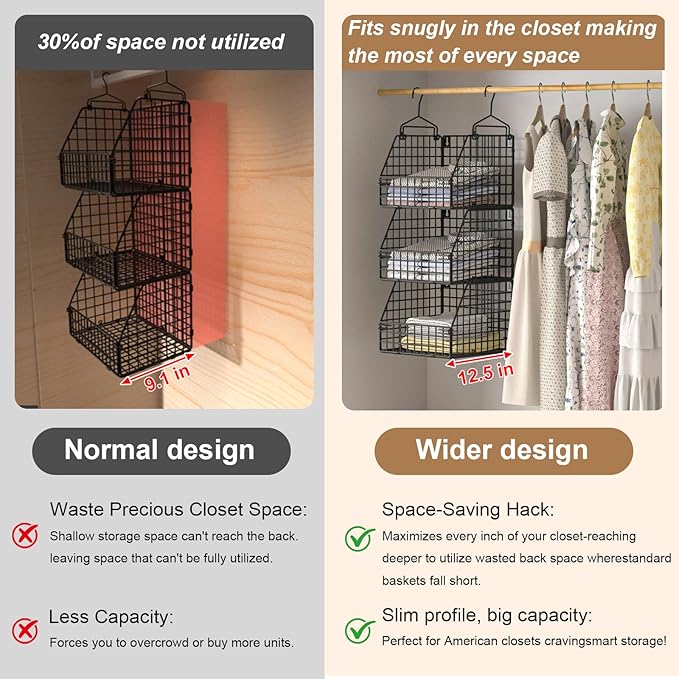 Larger & Deeper Hanging Storage Basket, Closet Organizers and Storage, Hanging Shelves Wire Baskets for Clothing Sweaters Purse Handbags Shoes Black 3 Tier