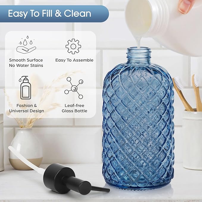 2 Pack Gem Glass Soap Dispenser with Black Plastic Pump, 13oz Liquid Hand Soap Dispenser, Rustproof Pump for Kitchen & Bathroom, Great for Lotions, Essential Oil, Liquid Soaps-Blue
