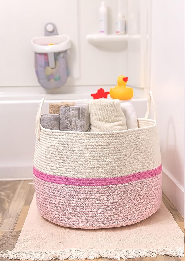 OrganiHaus Large Woven Storage Basket for Blankets and Toys 20" x 13" Inch, Rope Laundry Basket with Handles, Cushions & Pillows Storage Bin, Nursery Hamper, Soft Round Dog Toy Bin - Pink Stripe