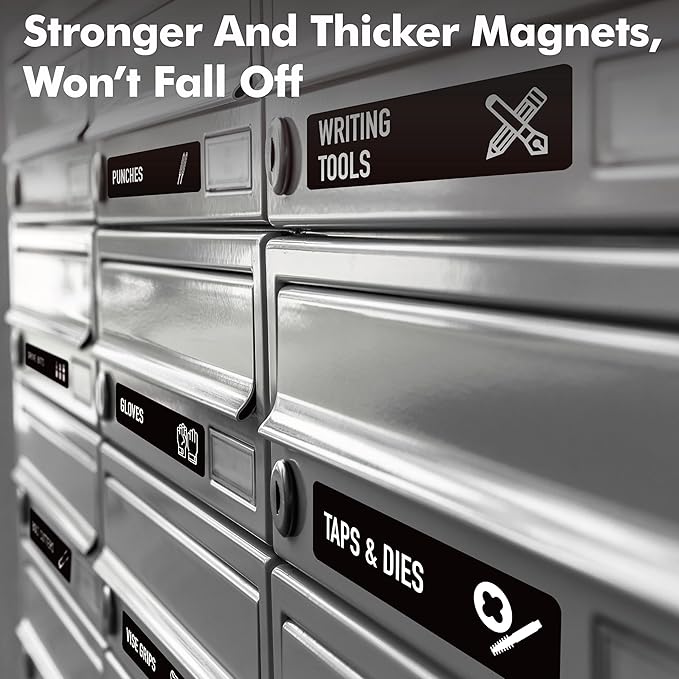 90 PCS Magnetic Toolbox Labels, 82 Pre-Printed & 8 Blanks Large Size Tool Chest Organizer Labels Strong Magnetic & Easy to Read Printing Fits All Brands of Steel Tool Box Drawers (Black, 3.5” x 1”)