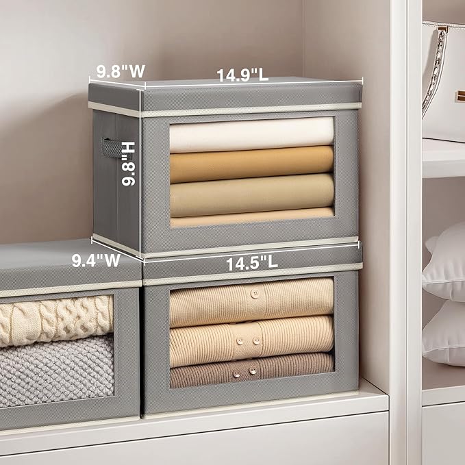 Clothes Organizers and Storage - 6 Pack Large Storage Box with Lids, Foldable Closet Organizer with Lids, Decorative Basket Bins for Home, Dorm, Closet, Grey