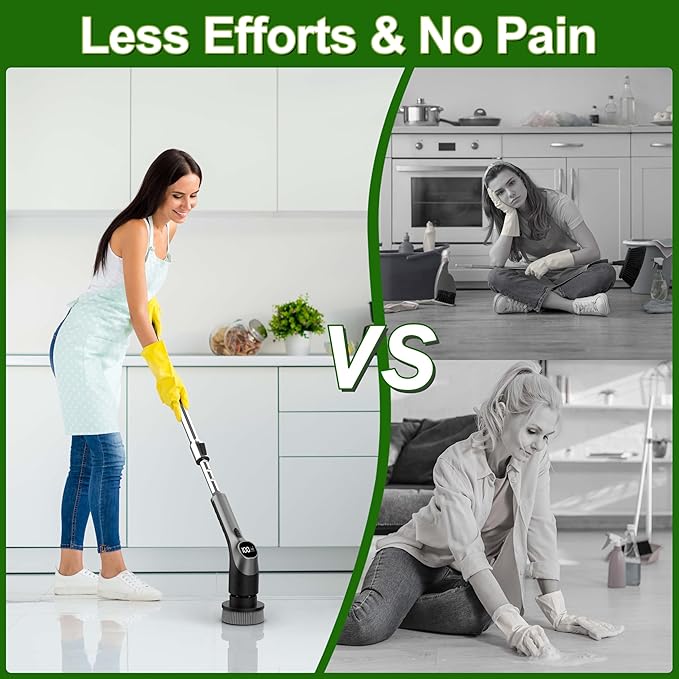 Electric Spin Scrubber, Shower Scrubber with Long Handle Adjustable LCD Display, 2 Speed Shower Cleaner, 7 Replaceable Brush Heads Bathroom Cleaning Brush, Bath Tub Power Scrubbers Black G3