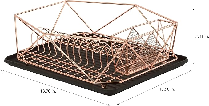 Kitchen Details Geode Deluxe Dish Drying Rack with Drain Board | Cutlery Basket | Utensil Holder | Iron Frame | Copper