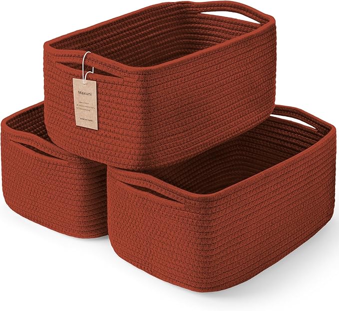 3-Pack Shelf Baskets for Organizing, Closet Organizer Bins, Small Woven Baskets, Rope Toy Basket, Storage Basket for Shelves, Cube Decorative Box, 11.8×7.8×5.1”, Oxide Red