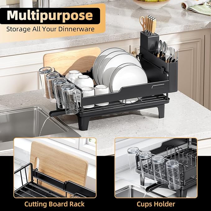 Dish Drying Rack for Kitchen Counter, Countertop Dish Rack with Drainboard, Multifunctional Dish Drainer with Cups Holder & Cutting Board, Home Plate Storage Rack with Cutlery Holder, Black