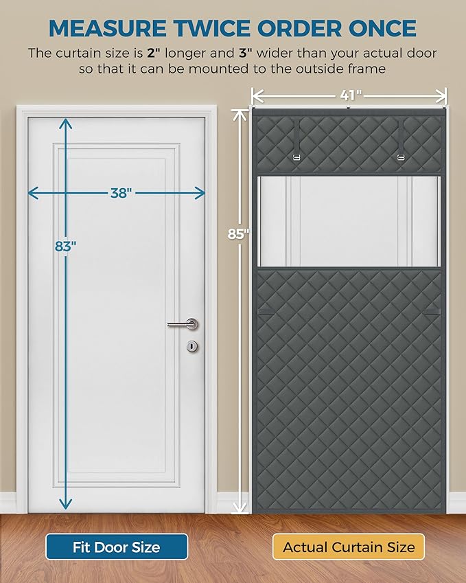 Thermal Insulated Door Curtain Fits Door Size 38 x 83 Inch, Oxford Cloth Thicken Cotton Fiber, Curtain Size 41" x 85", Single Piece Screen Insulation Cover to Keep Warm, with Clear Windows