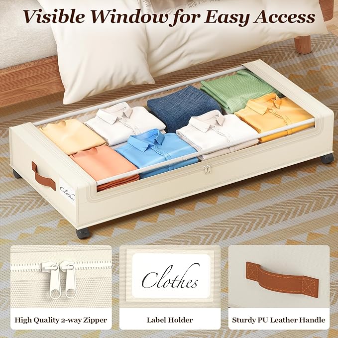 Yecaye 70L Under Bed Storage with Wheels, 3 Pack Larger Capacity Under Bed Storage Containers, Underbed Shoe Storage Organizer, Rolling Under Bed Metal Drawers for Clothes, Blankets, Beige