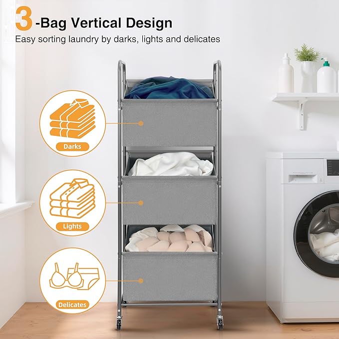 STO STO 3-Tier Vertical Rolling Laundry Hamper with Removable Bags, 120L Stackable Laundry Sorter Basket, Clothes Hamper with Wheels for Small Spaces, Closet, Bedroom, Bathroom, Laundry Room, Gray