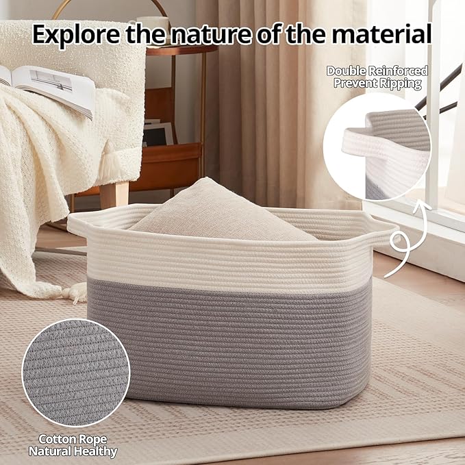OIAHOMY Large Storage Basket, Cotton Rope Woven Blanket Basket, Toy Bin for Baby Room, Container for Blanket Storage in Living Room, 20''×16''×12'', Grey & White