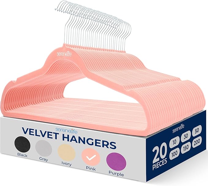 SereneLife 20 Pack Velvet Hangers - Non-Slip Felt Hangers with 360° Swivel Hook - Ultra-Thin, Lightweight, Space Saving for Shirts, Sweaters, Hoodies, Kids Clothes & Dresses