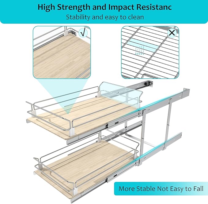 2 Tier Pull Out Cabinet Organizer 20" W X 22" D, Slide Out Drawers For Kitchen Cabinets, Pull Out Drawers For Cabinets Capacity Heavy Duty Caddy, Cabinet Pullout Shelves Wood Chrome, Pantry Storage