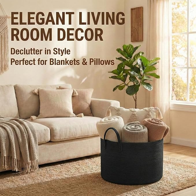 115L Extra Large Blanket Basket for Living Room - Woven Cotton Rope Laundry Hamper with Reinforced Handles - Storage Bin for Pillows, Comforters & Toys - Machine Washable,Black