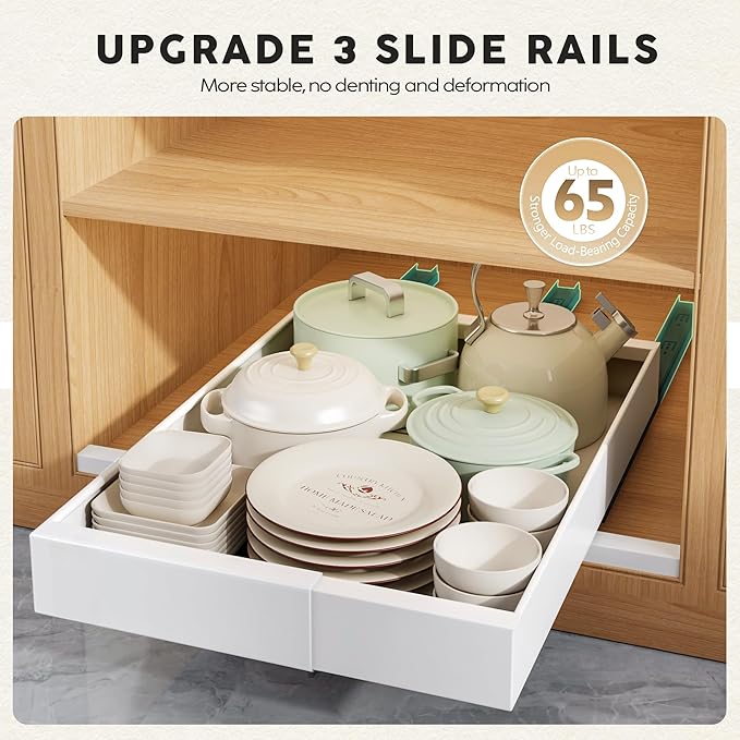 4 Pack Pull Out Cabinet Organizers 21" Deep With Raising Pad for Framed Cabinets, Expandable Width (9"-14") Slide Out Drawers Upgrade 3 Slide Rails, Roll Out Shelves Adhesive, White
