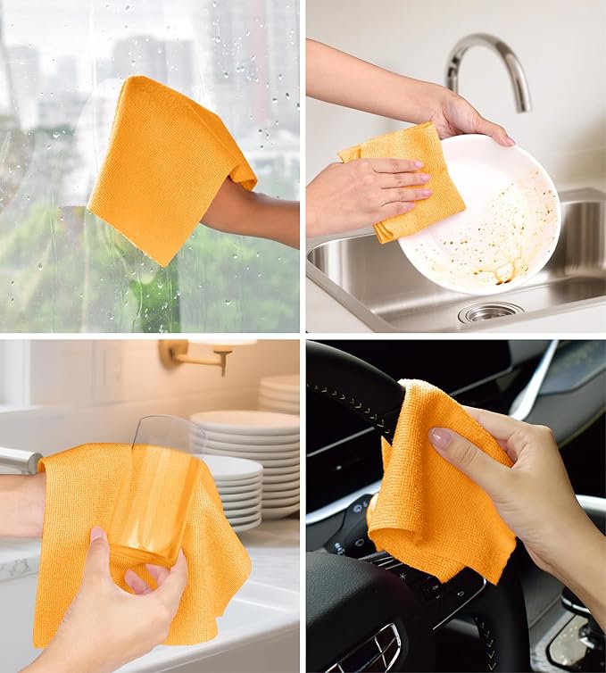 CHAUNCEY HOME Microfiber Cleaning Cloth Roll–100 Pack, Tear Away Microfiber Towels, Reusable, Washable, Scratch-Free, Kitchen Towels for Car, Home, Kitchen, Glass, Dishes(Tangerine Yellow)