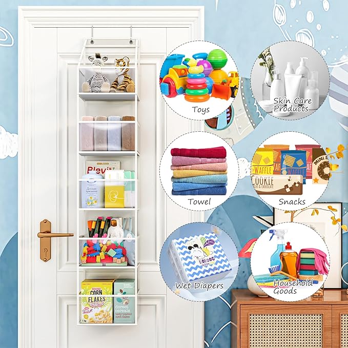 Fixwal 5-Shelf Over The Door Hanging Pantry Organizer, Room Organizer with Clear Plastic Pockets, 25lb Ultra Sturdy & Large Capacity for Closet, Bedroom, Nursery, Bathroom and Sundries
