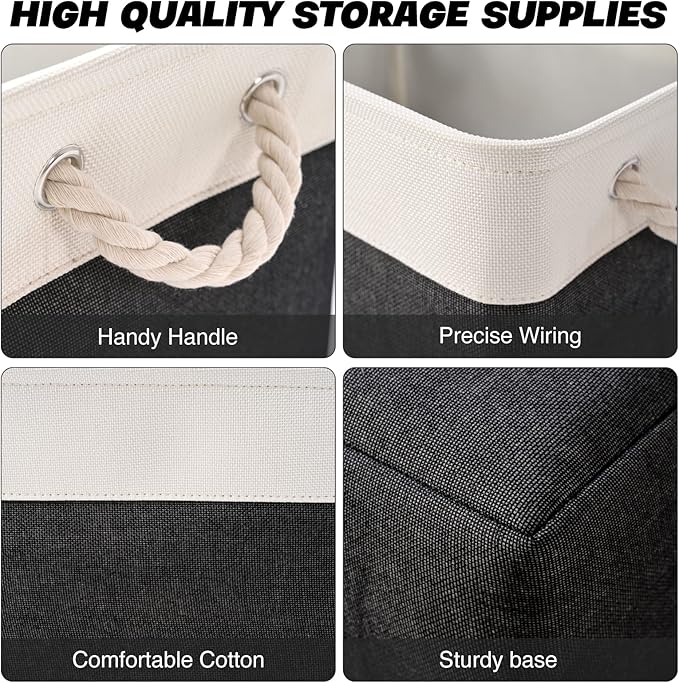 Storage Bins 3 Pack, Fabric Storage Basket for Collapsible Medium Canvas Storage Baskets for Organizing Shelf Nursery Home Closet with Cotton Rope Handle 15(L) x 11(W) x 9.5(H) inch(White&Black-3PCS)