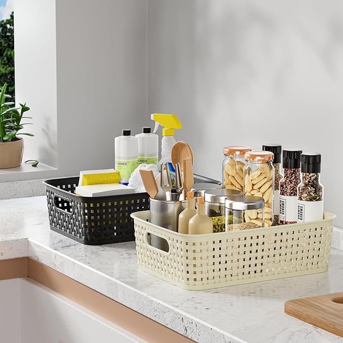 Black Plastic Basket, 8 Pack Home Organization and Storage Baskets with Handles, Space Saving Woven Organizer Bins Plastic Storage Basket for Organizing Cabinets,Closets, Shelves, Countertops