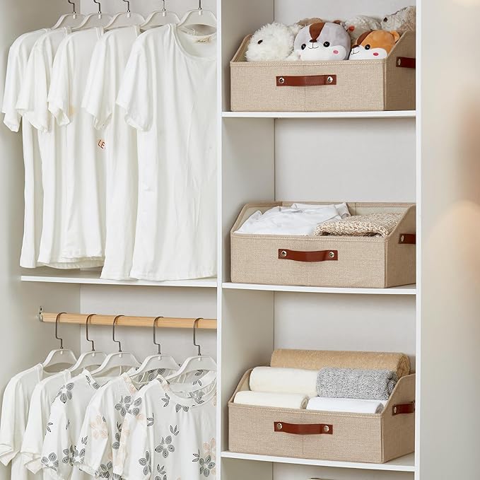 Closet Organizers and Storage, Linen Trapezoid Storage Bins with Handles, Collapsible Shelf Organizer for Blanket, Towel, Clothes, Hats, Purse (Khaki)
