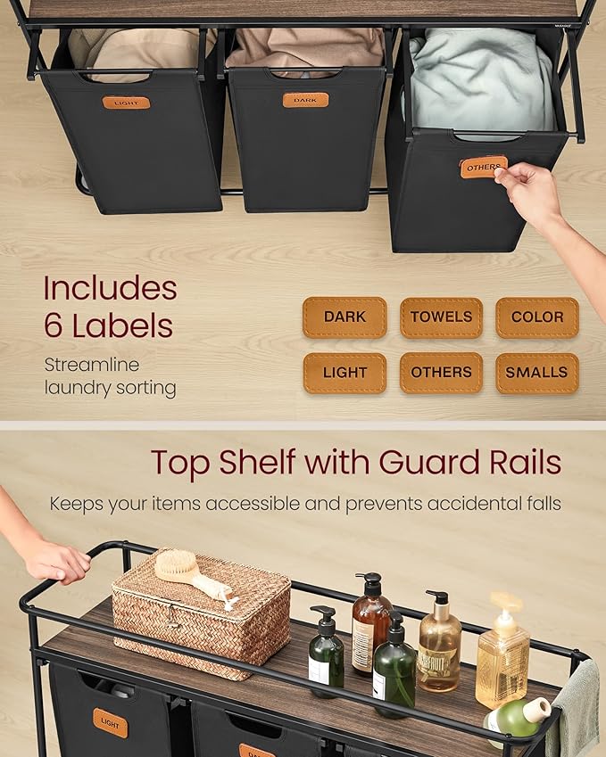 VASAGLE Laundry Sorter, Laundry Hamper with Wheels, 39.6 Gal. (150 L) Portable Rolling Cart Baskets with Shelf, 3 Removable Liners and 6 Labels, Ink Black and Chestnut Brown UBLH103BH01