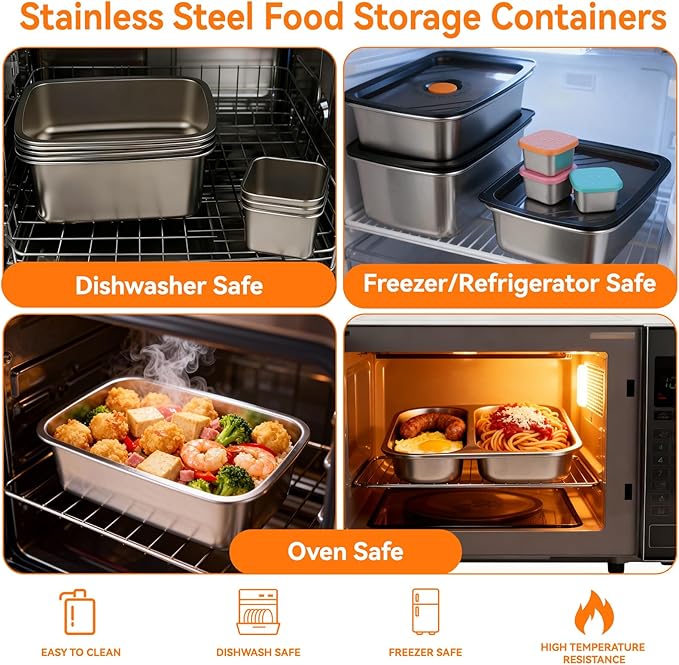 YUANYE 9 Pack 50/34/27/6oz Stainless Steel Food Storage Containers Sets, Leak-Proof Airtight Lunch Box with Lids, Small Snack Containers Oven/Dishwsher/Freezer Safe for Meal Prep, School, Work, Picnic