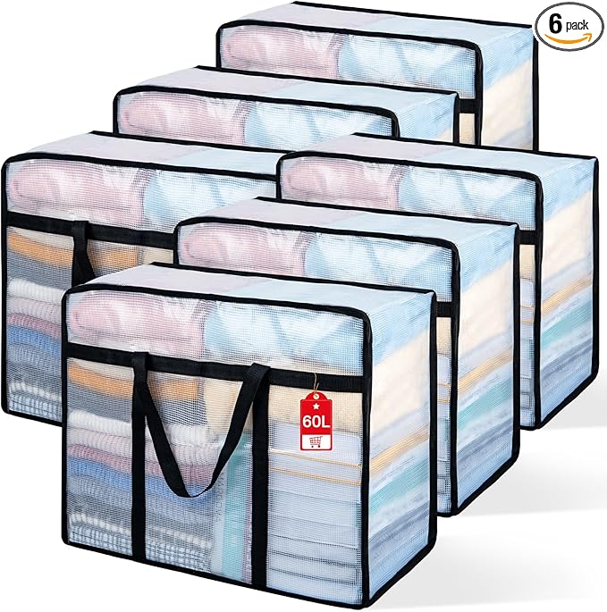 6 Pack Clear Blanket Storage Bags, 60L Plastic Comforter Clothes Storage Bags Underded Moving Bags Closet Organizers and Storage Zippered Sturdy Handle for Bedding, Clothes, Linen, Toys, Quilt, Duvet