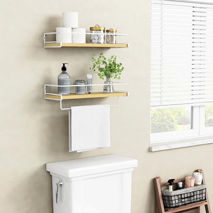 Forbena Floating Shelves for Wall with Rail, White and Natural Wood Nursery Book Shelves for Baby Girls Boys Kids Room Bedroom, Hanging Bookshelves Wall Mounted for Books, Toys, Bathroom (Set of 2)