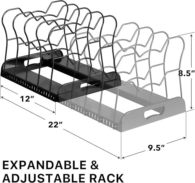 Simple Houseware Expandable Pan Organizer Rack, 10 Adjustable Compartments, Black - Kitchen Cabinet Organizer for Pots, Pans, Lids & Bakeware - Pantry & Countertop Storage