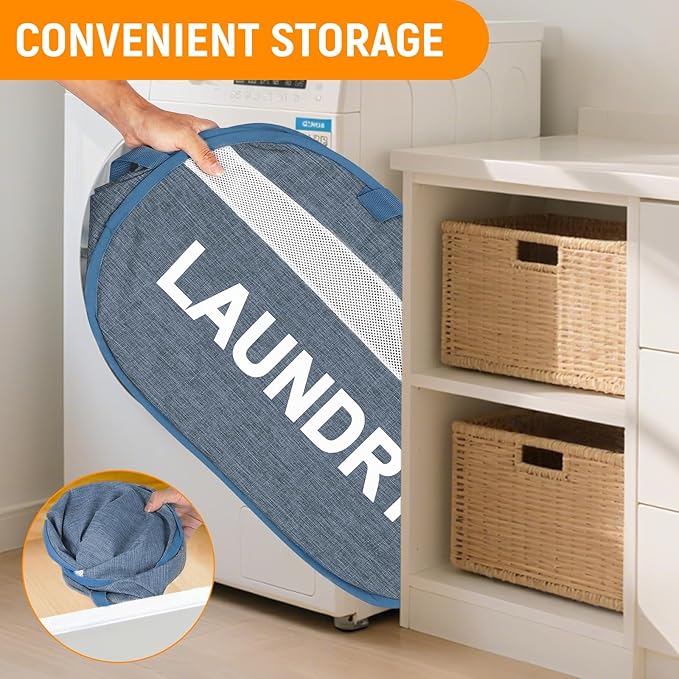 Collapsible Laundry Baskets, Foldable Laundry Basket with Dual Handles, Tear-proof Dirty Clothes Hampers for Laundry, Easy to Carry Pop Up Hamper for Bedroom, Bathroom, Dorm, Laundry Room Blue