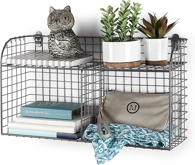 Spectrum 2 Bin Wall Mounted Wire Basket with Shelf Industrial Gray Organizer, Wall Mount Wire Basket Shelves for Kitchen Storage, Vintage Double Bin with Shelf Wall Mount Wire Storage for Organization