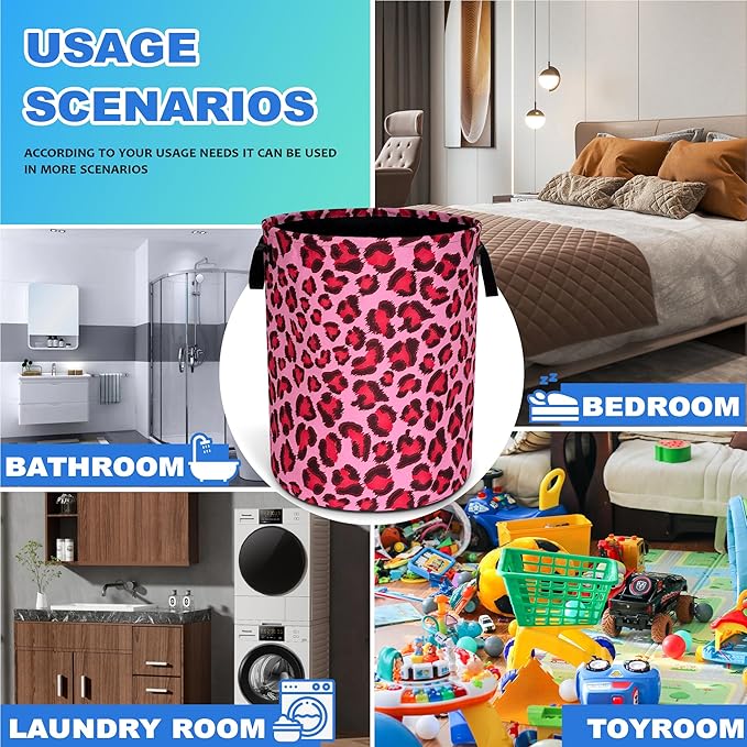 Pink Leopard Laundry Basket Oxford Cloth Funny Cheetah Skin Laundry Hamper With Handle Foldable Portable Clothes Storage Basket 18.9 X 16.5 In Storage Bag For Laundry Room/Bathroom/Bedroom/Dormitories