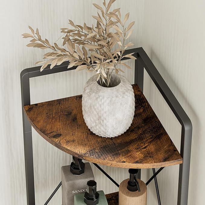 5 Tier Corner Shelf Stand, 64" H Tall Industrial Corner Bookshelf for Living Room Decor, Metal Corner Shelf, Plant Stand Display Shelf for Bedroom, Bathroom, Small Space, Rustic Brown