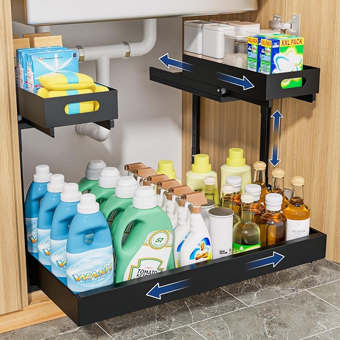 Insputer Upgrade 2 Tier Under Sink Organizer with 3 Slide Rails, Under Cabinet Storage Expandable 15"-25" W & Height Adjustable, Thickened Pull Out Shelf for Bathroom, Kitchen, Laundry, Pantry(Black)