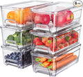 6-Pack Fridge Drawer Organizer, Pull-out Stackable Refrigerator Organizers and Storage, Clear Fruit Storage Containers Bins with Drain Tray for Kitchen Cabinet, Pantry Organization