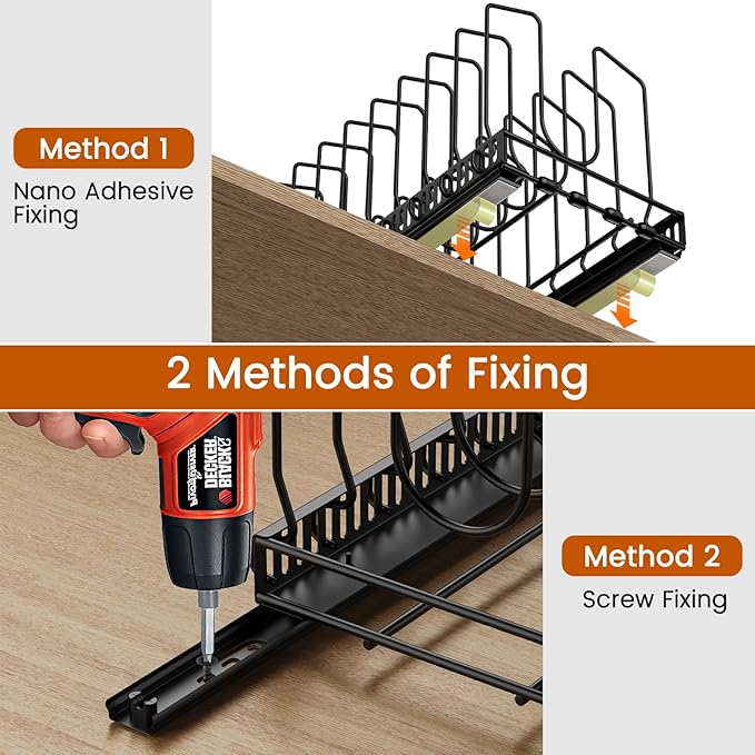 Housolution 2 Pack Pull Out Pot and Pan Organizer for Under Cabinet, Slide Out Pot Lid Organizer with 10 Adjustable Dividers, Sliding Pan Holder Storage Rack Inside Cabinet, Black